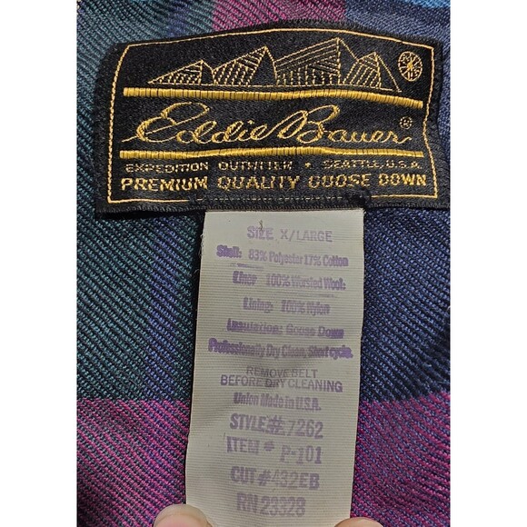 VINTAGE Eddie Bauer Goose Down Quilted Coat Liner Plaid Flannel Size XL - Picture 3 of 3